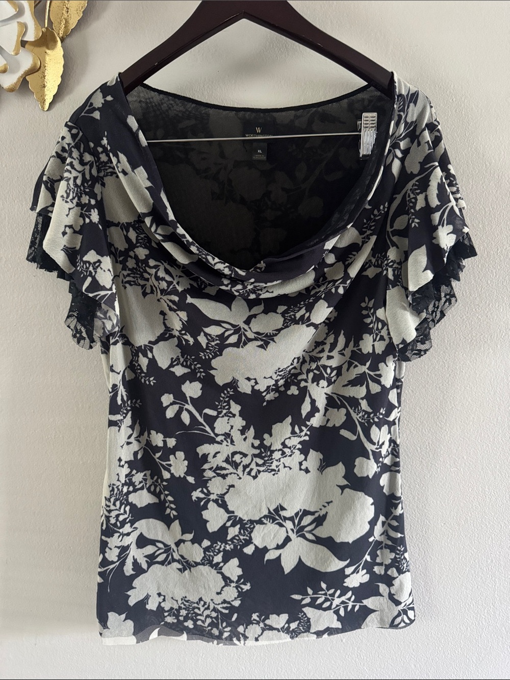 Worthington Black & Cream Floral Cowl Neck Blouse